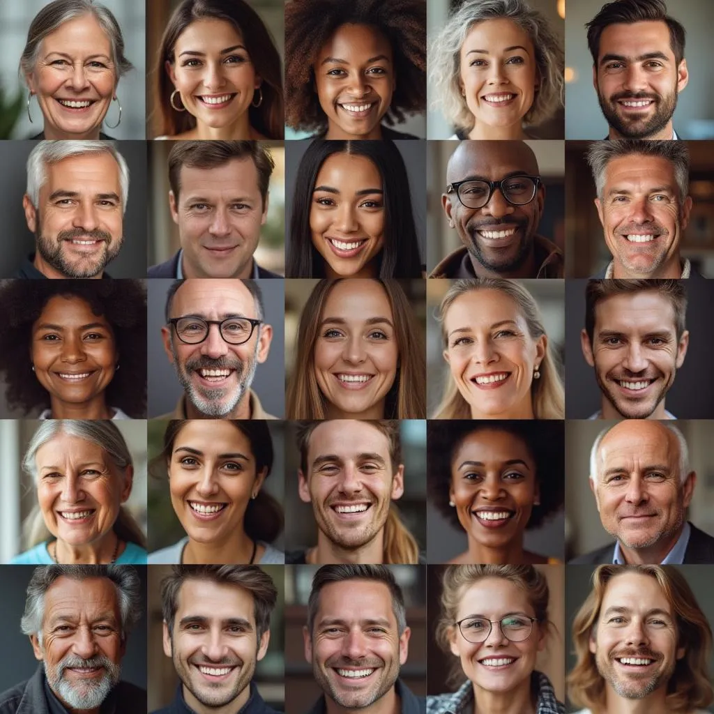 Groupe diversifié de clients souriants